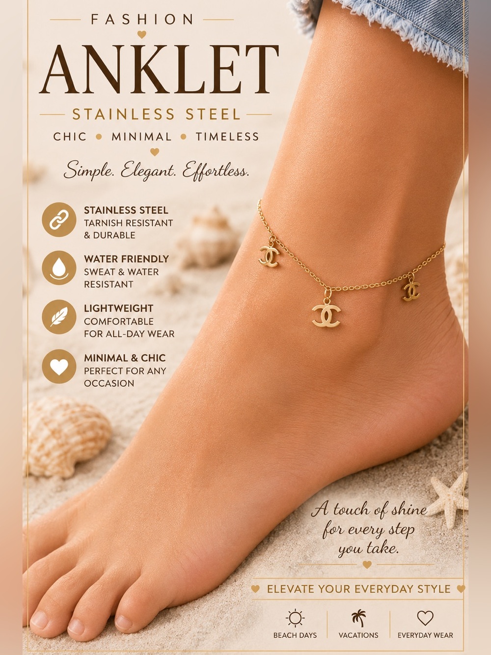 Stainless Steel Fashion Anklet with Interlocking Charm - Choose 1
